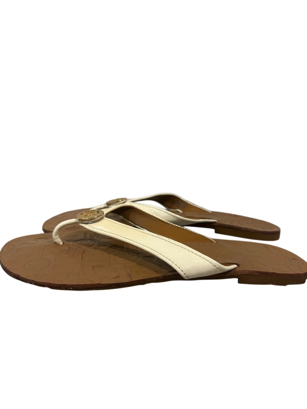 Tory Burch Cream Leather Logo Thong Sandals
